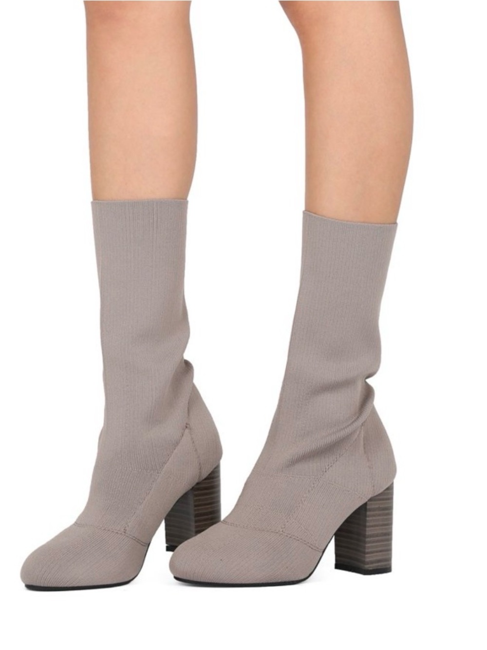 Stretch Knit Mid-Calf Block Heel Boots - Taupe